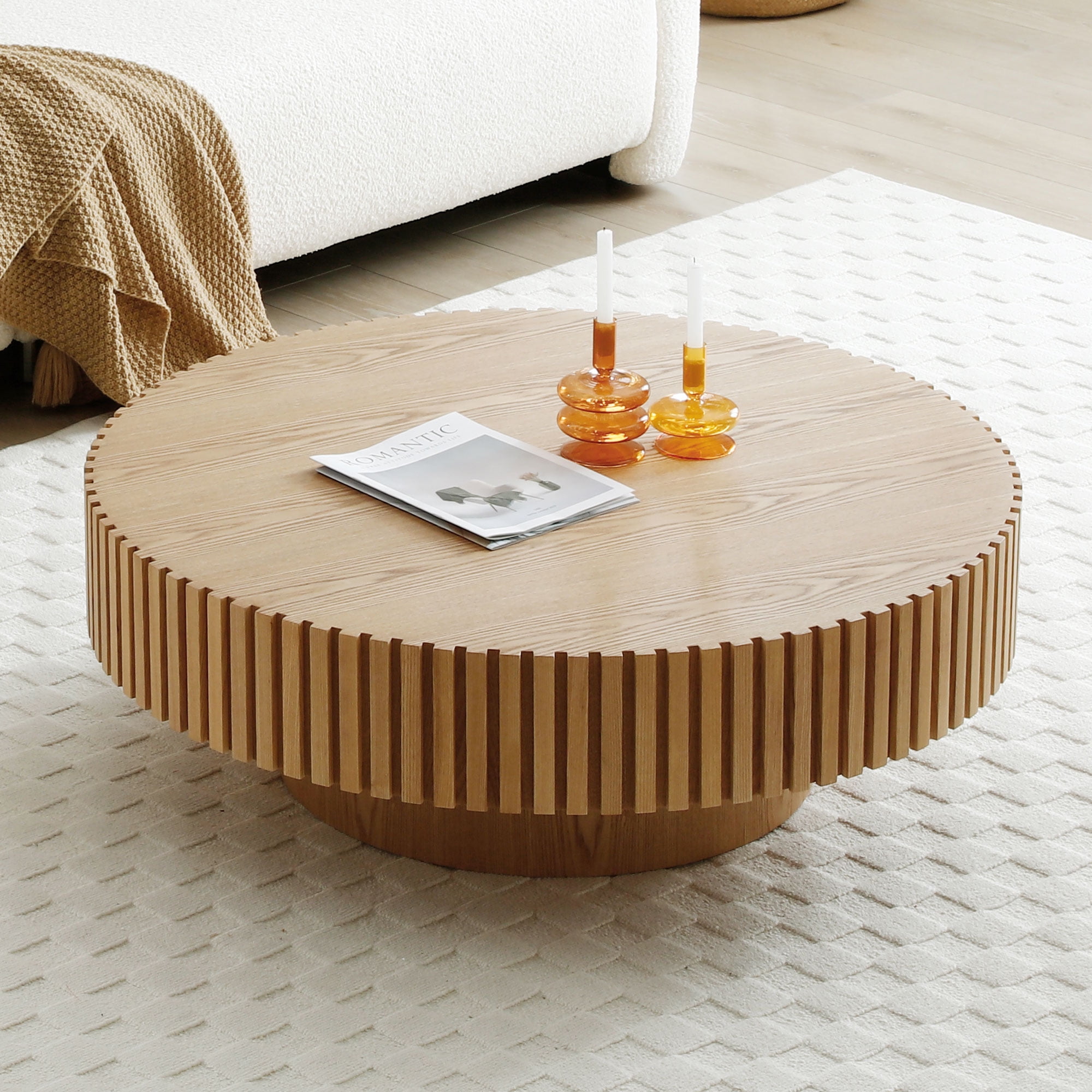Kevinplus 39.37 Inch Round Coffee Table, Small Coffee Table for Living Room, Natural