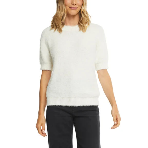 Matty M Women's Short Sleeve Eyelash Sweater L Ivory