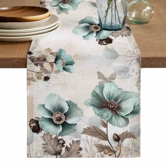 Teal Brown Spring Floral Table Runner, Vintage Flowers Elegant Botanical Cotton Linen Table Runners 108 Inches Long, Dresser Scarf Runner for Dining/Living Room/Kitchen/Square Tables 13''x108''