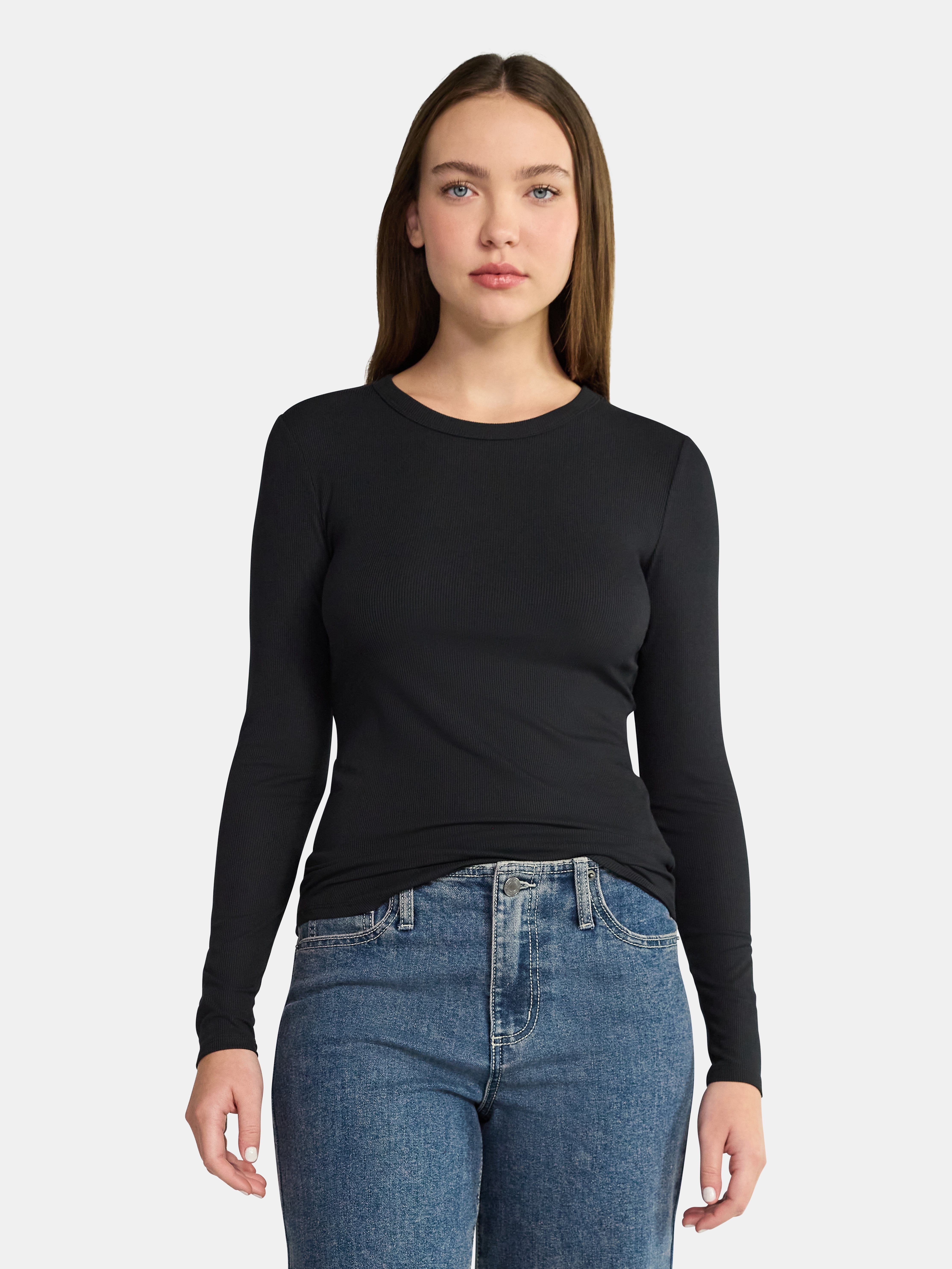 No Boundaries Ribbed Crewneck Tee with Long Sleeves, 1 or 2-Pack, Women's & Women's Plus XXS-XXL