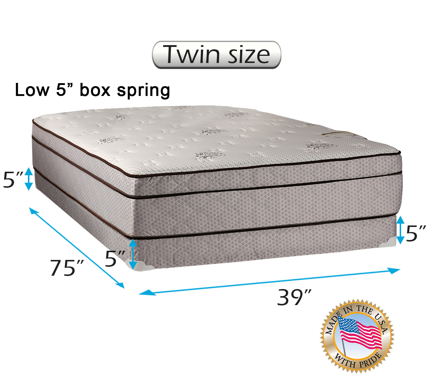 DS USA Fifth Ave Extra Soft Foam Eurotop PillowTop Twin Size Mattress & Low 5" Height Box Spring Set with Metal Bed Frame - High Quality Foam, Orthopedic Type, Innerspring Coils, Longlasting Comfort
