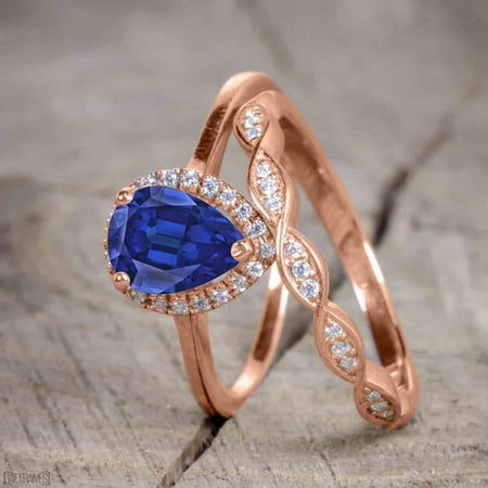 White Gold Semi Set - 1.50 Carat Pear Cut Sapphire and Diamond Bridal Ring Set with Semi Eternity Wedding Band in Rose Gold