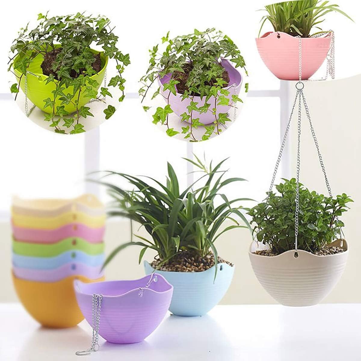 8 inch Hanging Planters, 7 Pack Self Watering Hanging Pots with Water Tray and Metal Chain for Indoor Outdoor Plants Flowers, Random Color
