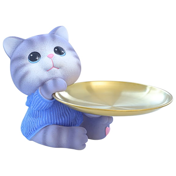 Cute Cat Storage Tray Resin Cat Sculpture Key Tray for Entryway Table (Blue Cat)