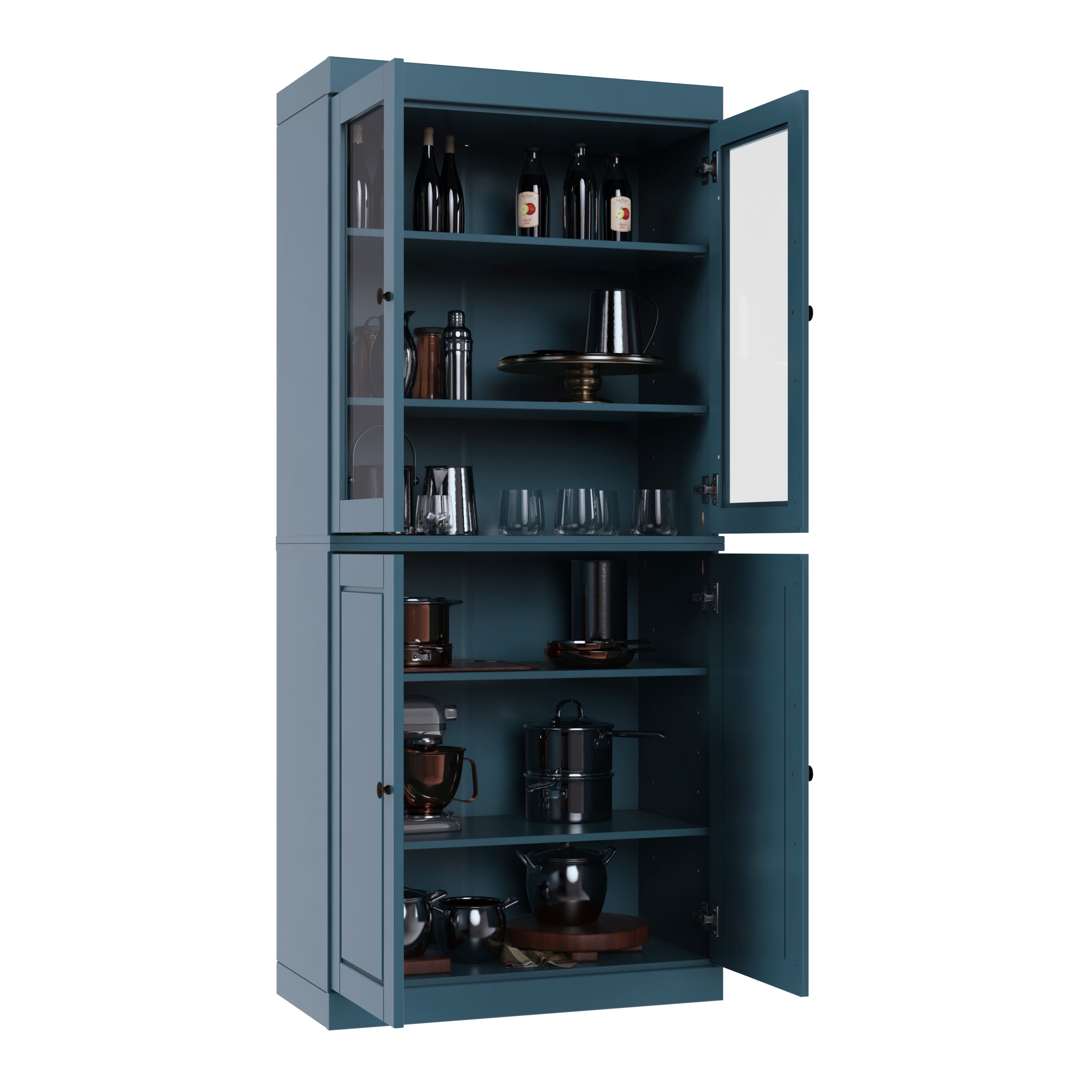 Palace Imports 100% Solid Wood Kitchen Pantry Storage Cabinet with Glass & Raised Panel Doors and Adjustable Shelves, 4-Door, Teal Blue