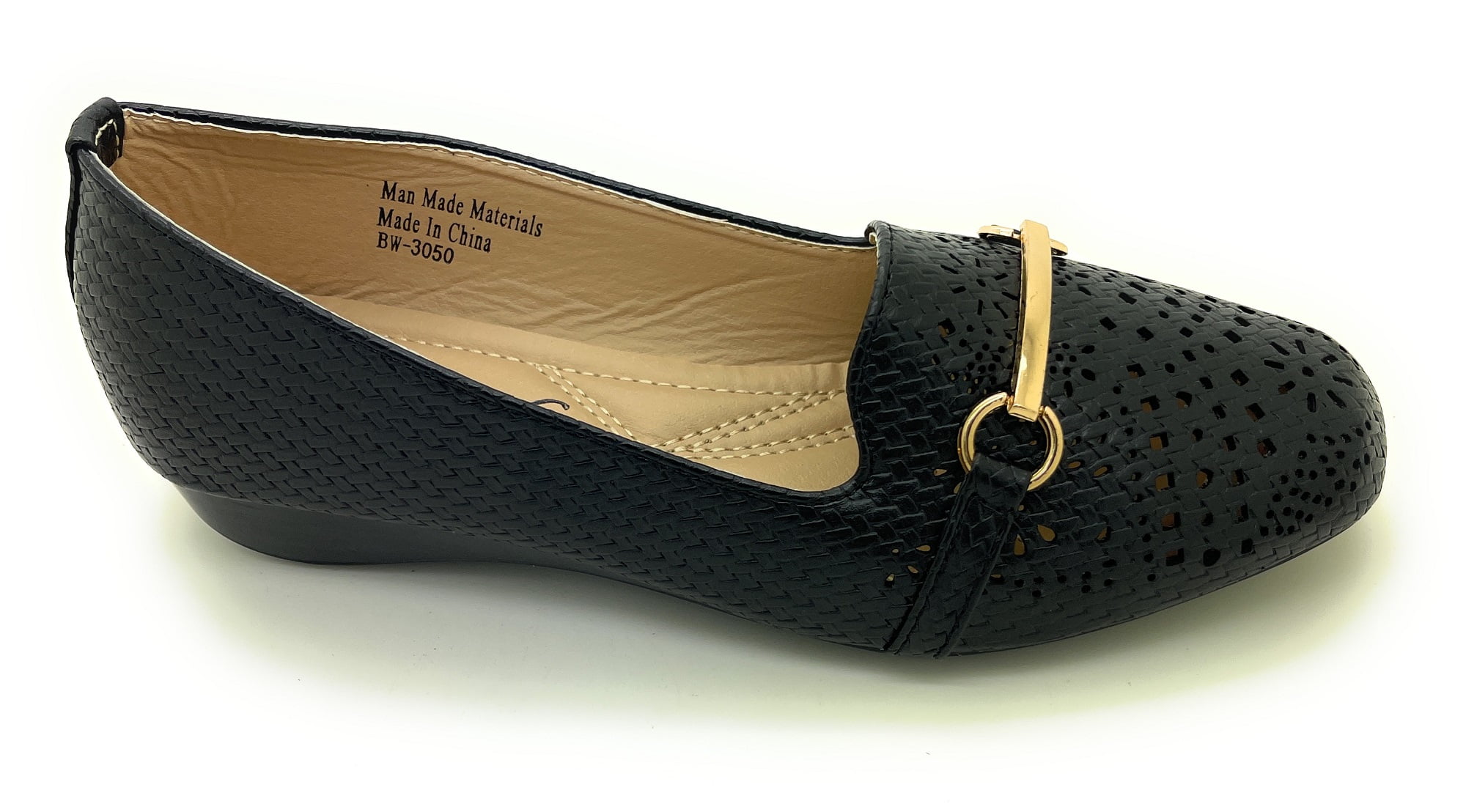 Women’s Stylish Perforated Slip-On Loafers – Lightweight Low Wedge Dress Flats with Cushioned Insole, Breathable Cutout Design, and Gold Buckle Accent – Comfortable Everyday Work or Casual Shoes