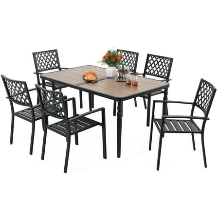 Nuu Garden 7-Piece Outdoor Metal Dining Set with 6 Stackable Chairs, Patio Powder-Coated Metal Dining Set with Umbrella Hole and Wood-Grain Tabletop, All-Weather Table and Chairs, Black