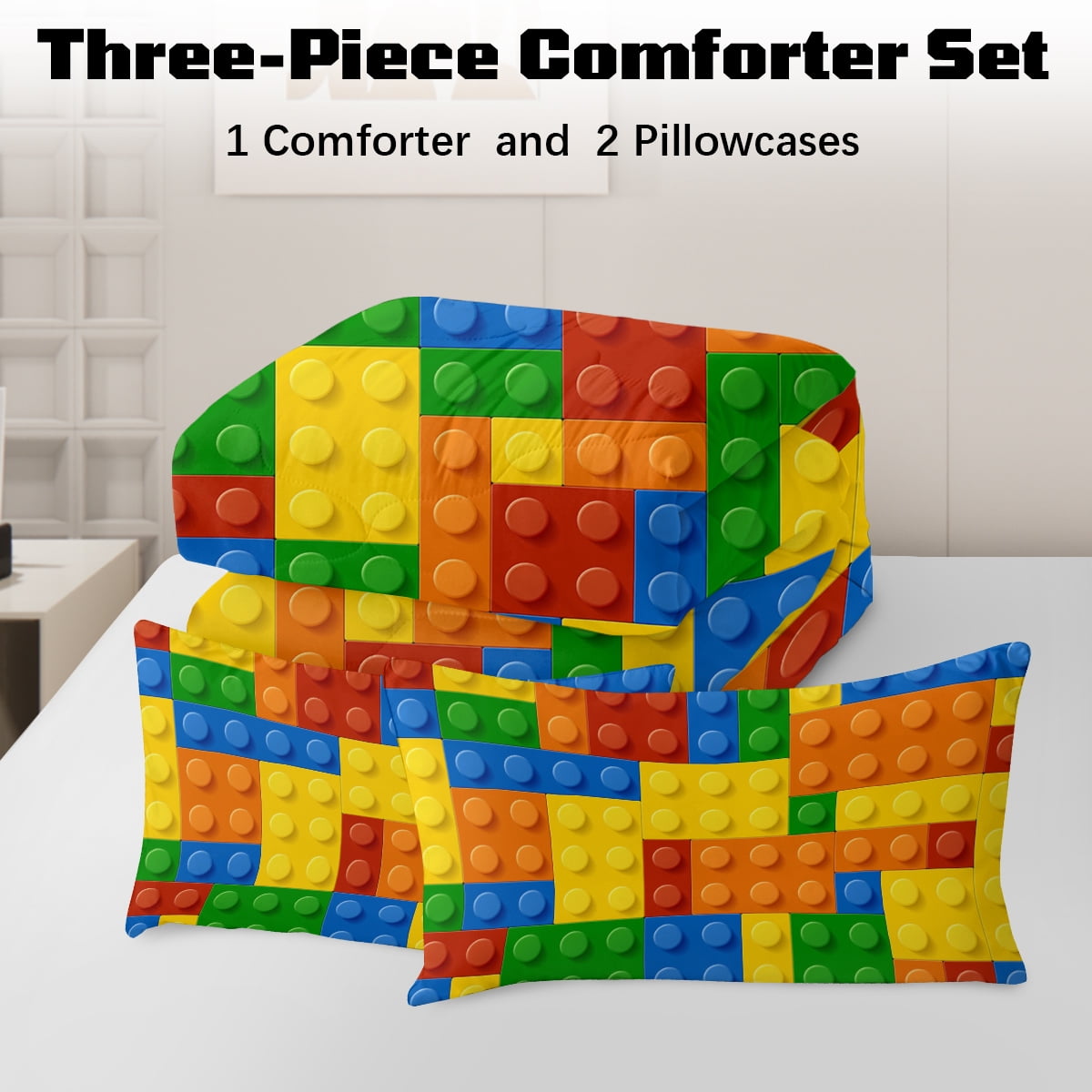 BlessLiving Kids Comforter Set, 3-Piece Colorful Blocks Yellow Cubes Bedding Sets for Boys, Full Size
