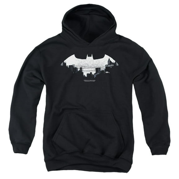 Batman Bat Logo Cityscape Kids Pull-Over Hoodie (X-Large) for Youth Boys and Girls, Black