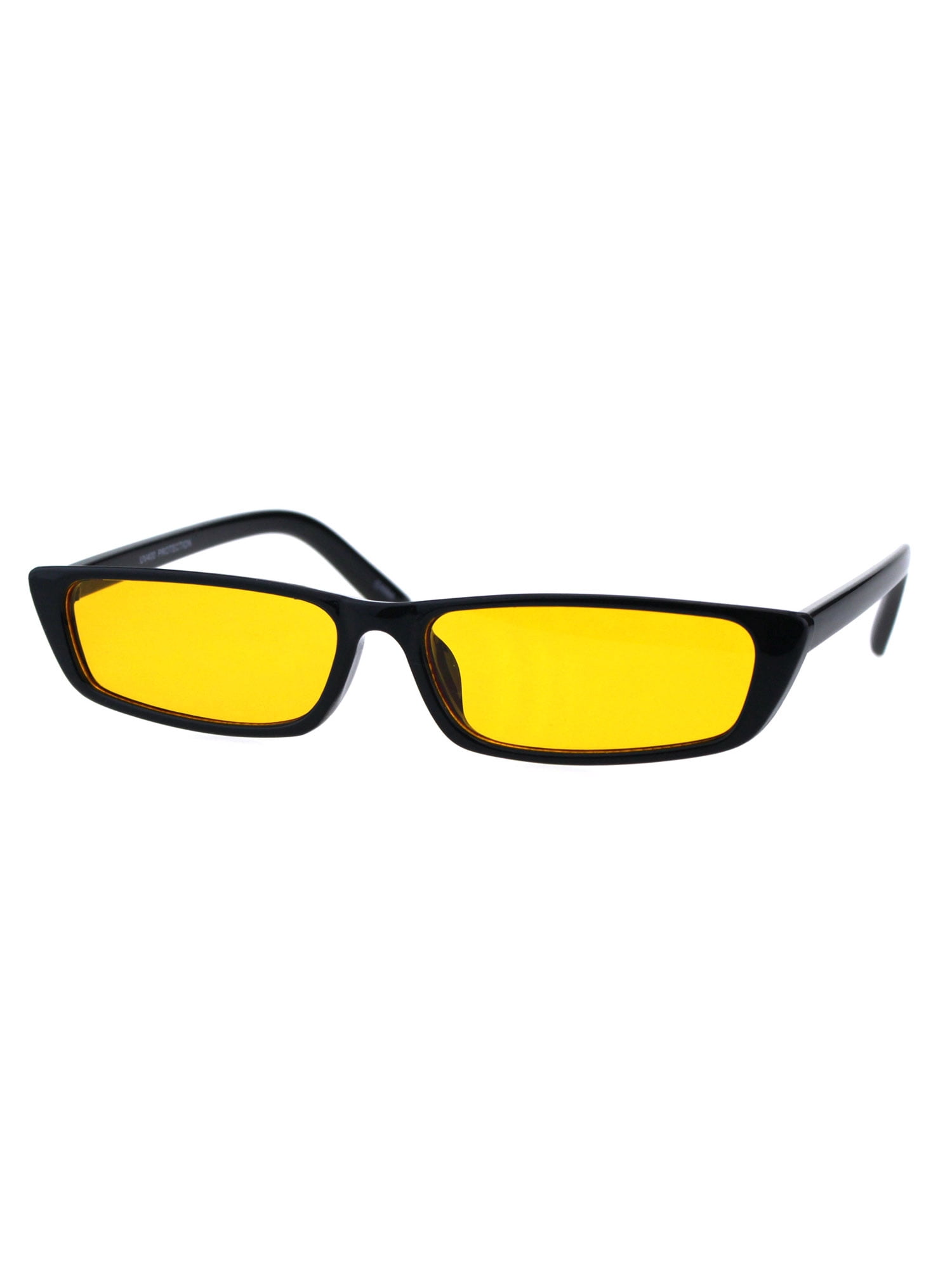 Womens Pop Color Lens Narrow Rectangular Cat Eye Black Plastic Sunglasses Black Yellow Womens Pop Color Lens Narrow Rectangular Cat Eye Black Plastic Sunglasses Black Yellow