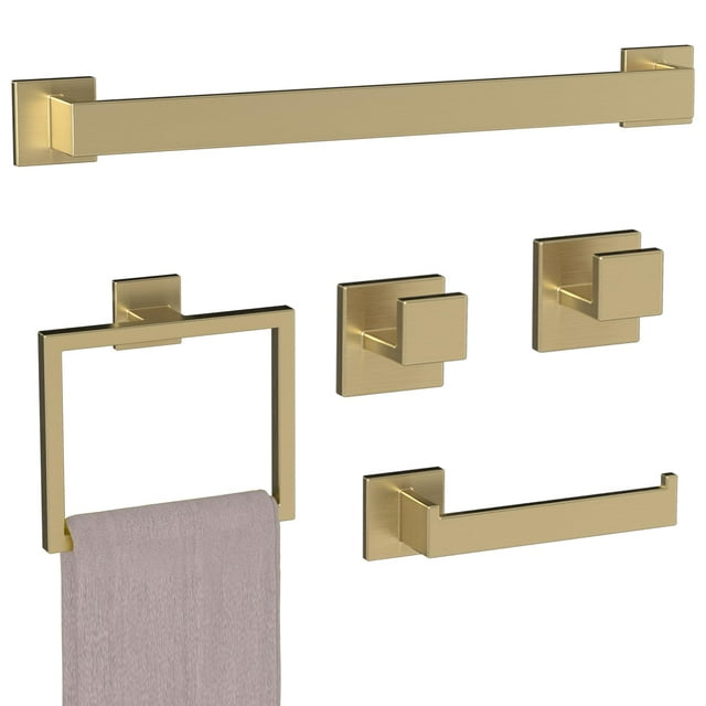 Juego De Accesorios De Baño De 5 Piezas De Oro Cepillado: Barra Para Toallas De 23,6 Pulgadas, Aro Para Toalla, Soporte Para Papel Higiénico Y Ganchos, Herrajes Para Baño Montados En La Pared, Resiste