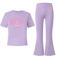 thumbnail image 5 of Amidoa Girls Summer 2 Piece Outfits Kids Print Short Sleeve and Pants Casual Clothing Sets Purple Size 5T, 5 of 7
