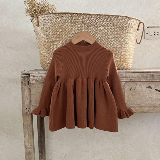 AherBiu Baby Newborn Girls Rompers Long Sleeve Crewneck Ruffle Dress Fall Winter Solid Color Jumpsuits Dress Onesie