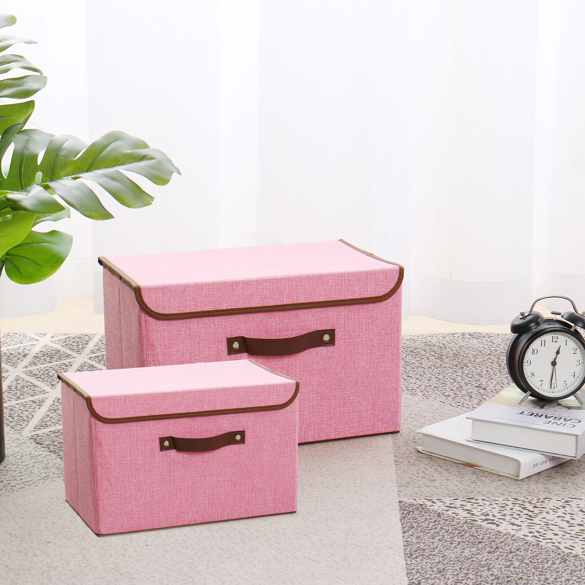 Fabric Storage Bins Cubes Baskets with Handles for Shelves Pink Set of