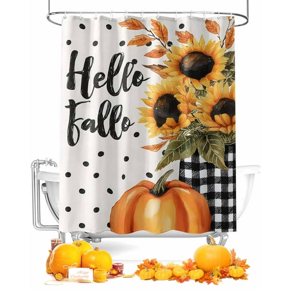 Hello Fall Shower Curtain Set ，Waterproof Fabric Shower Curtains Thanksgiving Sunflower Pumpkin Black White Plaids Shower Curtains for Bathroom,Bathroom Decor 60"x72"