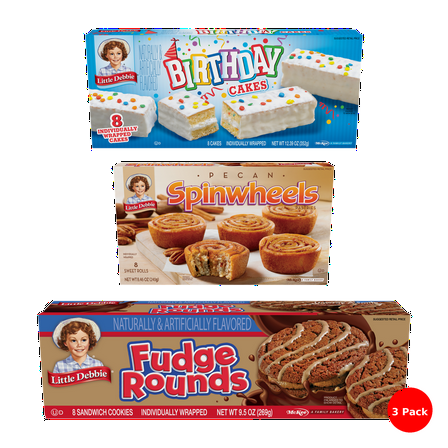 Little Debbie Snack Cake Combo (3 Pack) – Fudge Rounds - 8 Sandwich Cookies, Pecan Spinwheels - 8 Sweet Rolls, Birthday Cake - 8 Cakes (All Individually Wrapped)