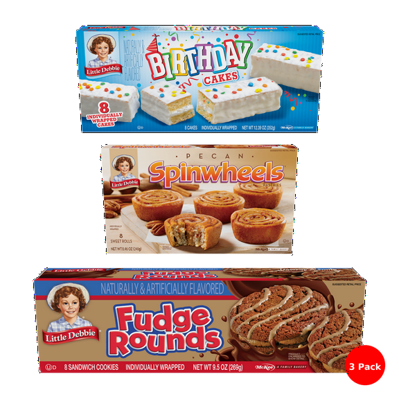 Little Debbie Snack Cake Combo (3 Pack) – Fudge Rounds - 8 Sandwich Cookies, Pecan Spinwheels - 8 Sweet Rolls, Birthday Cake - 8 Cakes (All Individually Wrapped)