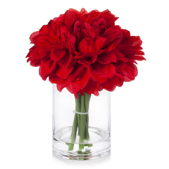 Enova Home Artificial Silk Dahlia Fake Flowers Arrangement in Cylinder Glass Vase with Faux Water for Home Office Wedding Decoration (Red)