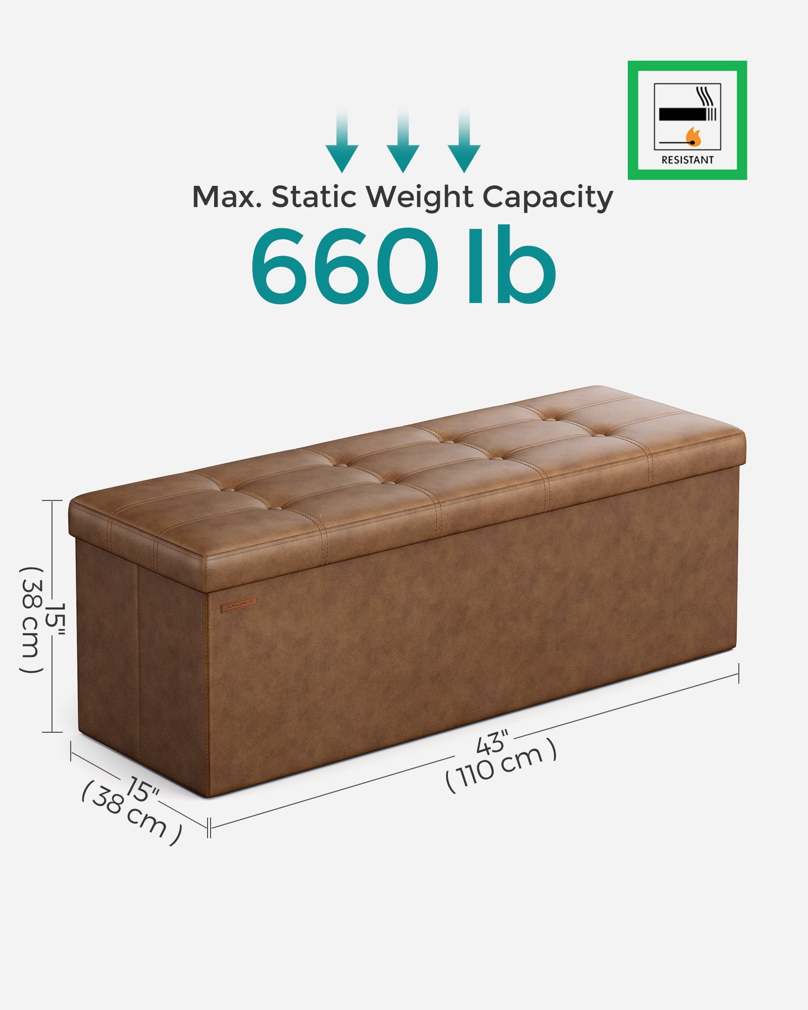 SONGMICS 43" Storage Ottoman Bench Folding Ottoman with Storage Hold up to 660lb for Living Room Bedroom Coffee Brown