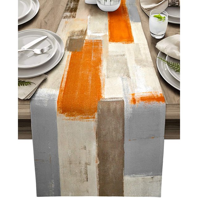 Chemin de Table 70 Pouces de Long pour Salle à Manger Halloween Citrouille Orange Gris Lavable Toile de Jute Lin Collection de Table pour Fête Dîner Vacances Motif Abstrait