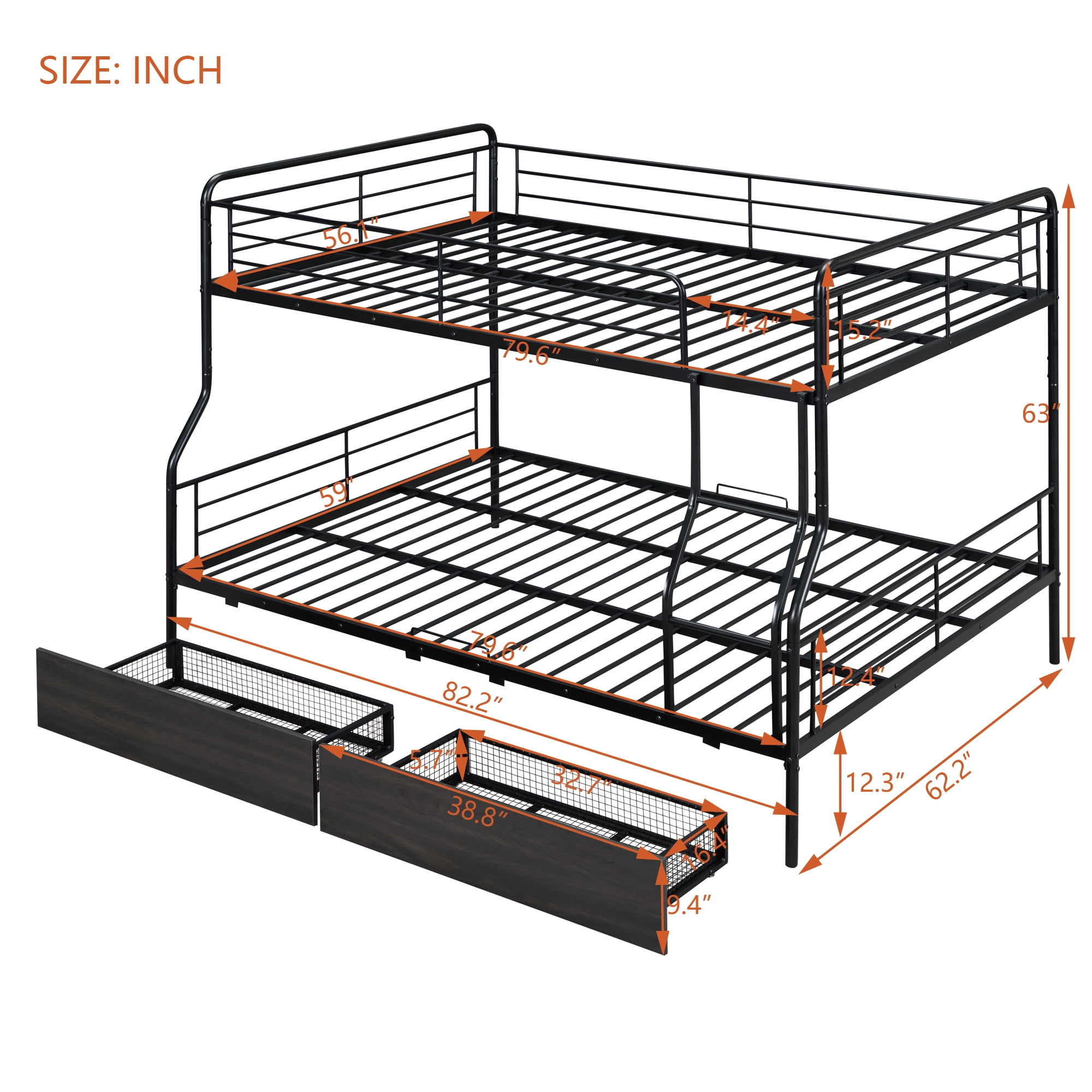 Aukfa Full XL over Queen Metal Bunk Bed with 2 Drawers for Teens, Adults, Dorm, Black