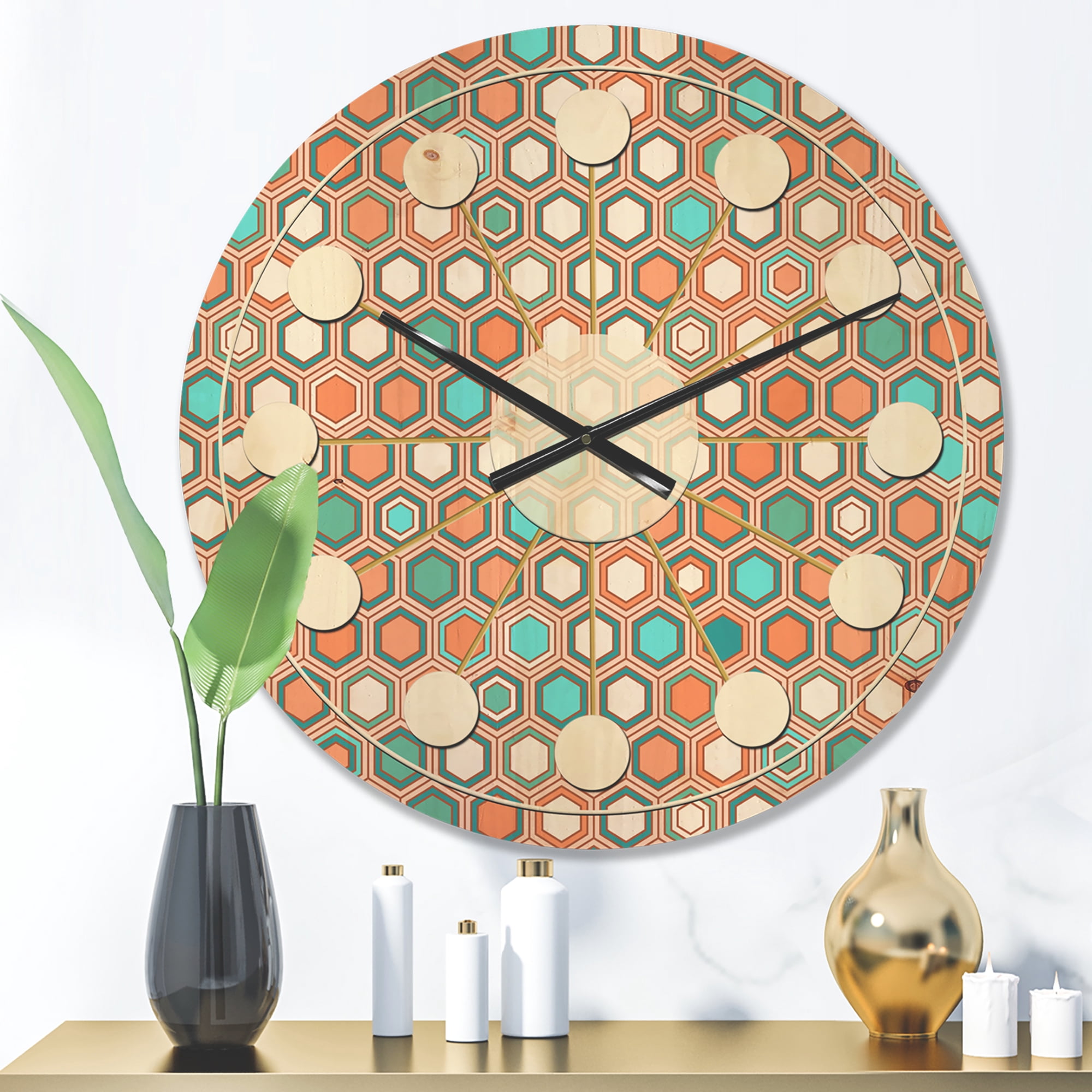 Designart 'Hexagon Retro Pattern III' Mid-Century Modern Wood Wall Clock