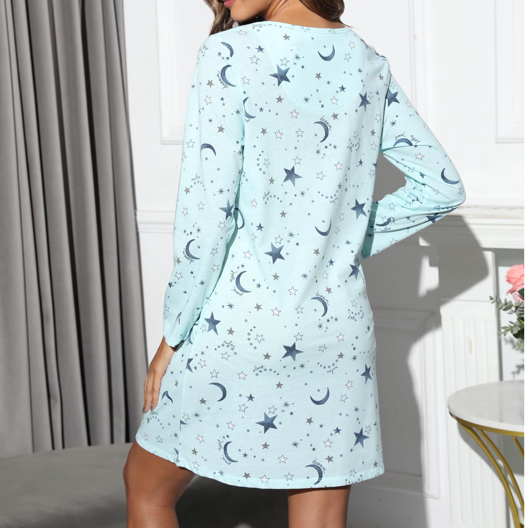 Womens Long Sleeve Nightgowns Cotton Nightgowns Sleep Shirt for Women Soft House Dresses Night Gown for Ladies