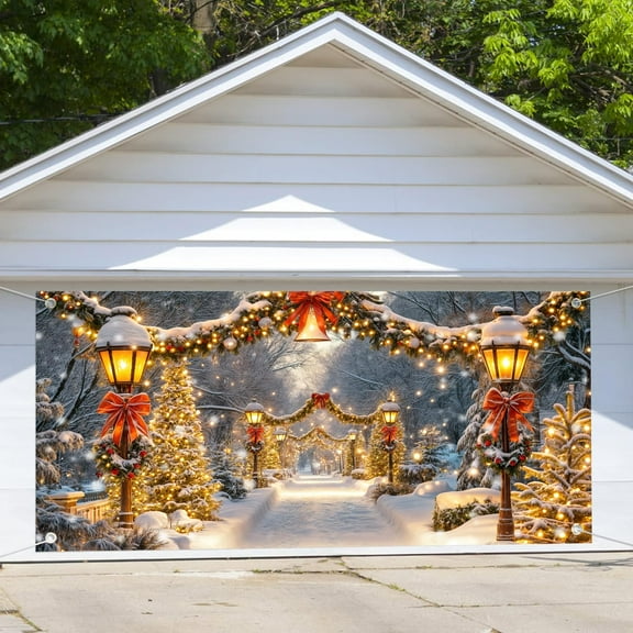 16X7ft Christmas Garage Door Banner Decor Winter Wonderland Snow Covered Arch Xmas Tree Large Holiday Garage Door Covers Wall Backdrop Decoration for Indoor Outdoor Winter Party