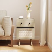 Bonzy Home Nightstand, Rotating Bedside Table with Woven Doors, Rattan Bedside Table with Storage for Bedroom, Living Room