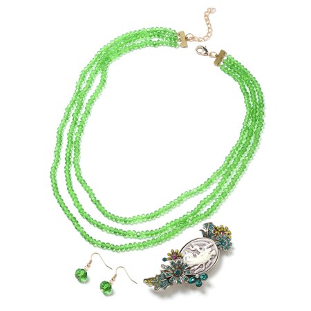 Brass Green Jewelry Set (Hypoallergenic Oval Cameo Green Glass Goldtone Dangle Drop Earrings Necklace 22