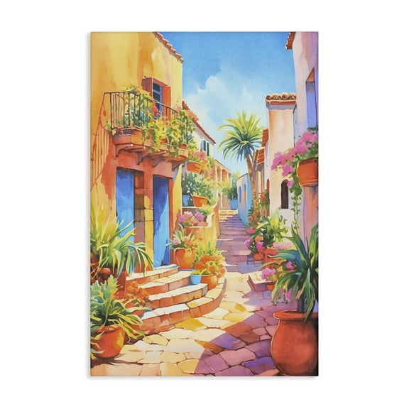 Stupell Industries Bright Mediterranean City Scenery Painting Gallery Wrapped Canvas Art Print Wall Art, 16 x 24