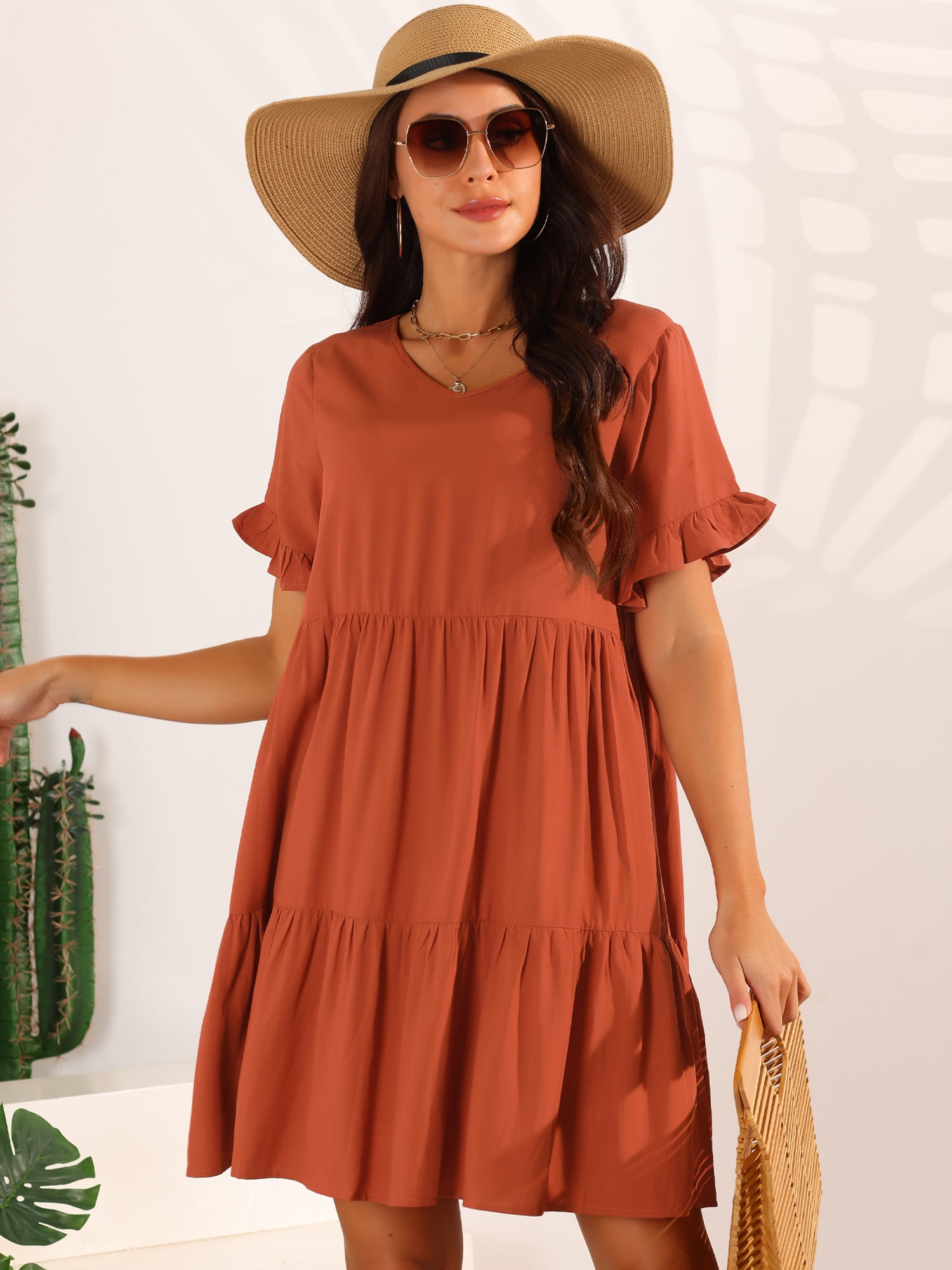 Unique Bargains Women's V Neck Ruffle Short Sleeve Dress with Pockets M Brick Red