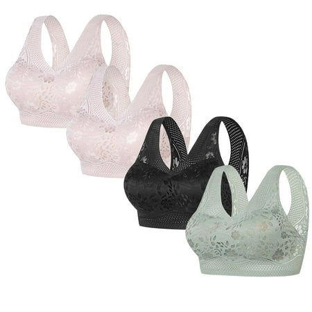 REORIAFEE Full Coverage Bras for Women 4 Pack Wireless Gathered Together Bras Floral Prints Brassiere Breathable Wide Strap Comfy Corset Underwear Classic Comfortable Support Lingerie Black XXL