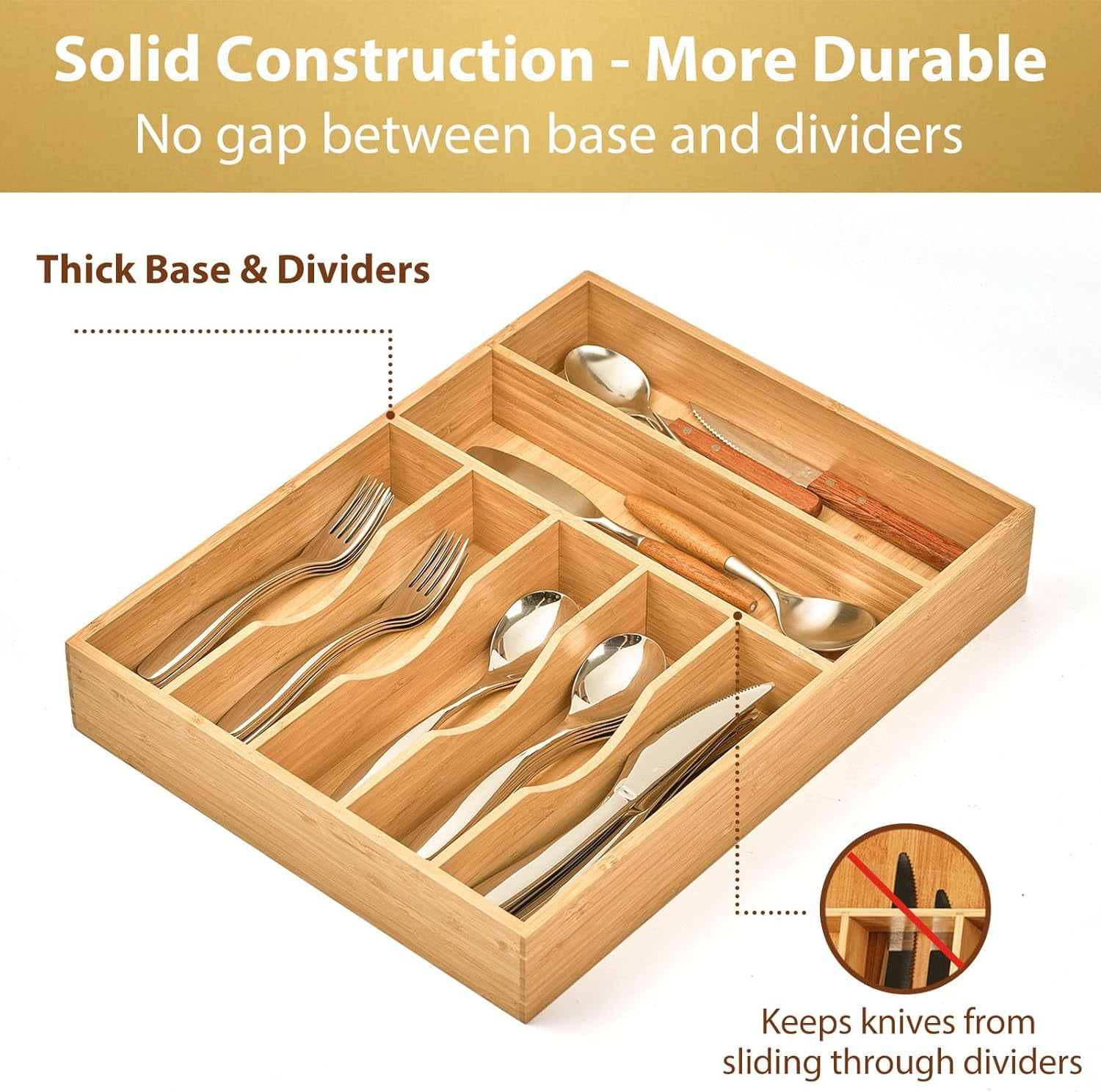 13 Inch Natural Bamboo Kitchen Drawer Organizer - 7-Slot Extra Deep Grooved Utensil Tray for Flatware, Knives, Forks & Spoons