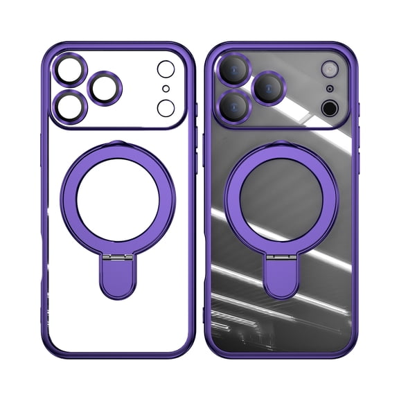 Plating Magnetic Shockproof For iPhone 17 Pro Max Case, [Compatible with MagSafe] With Lens Film Built-in Foldable Stand Slim Clear Crystal [Military Drop Protection] Phone Cover, Darkpurple