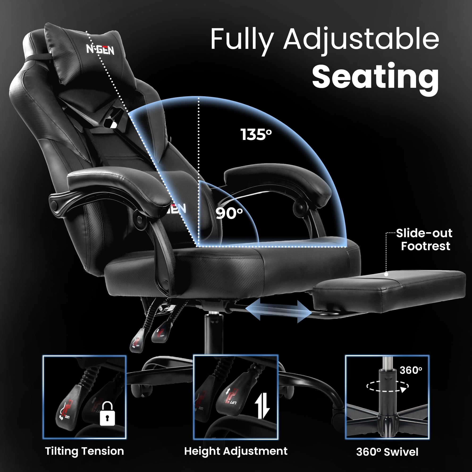 CELTOSS Gaming Chairs with Footrest, Big and Tall Gamer Chair with Headrest and Lumbar Support for adults, Black