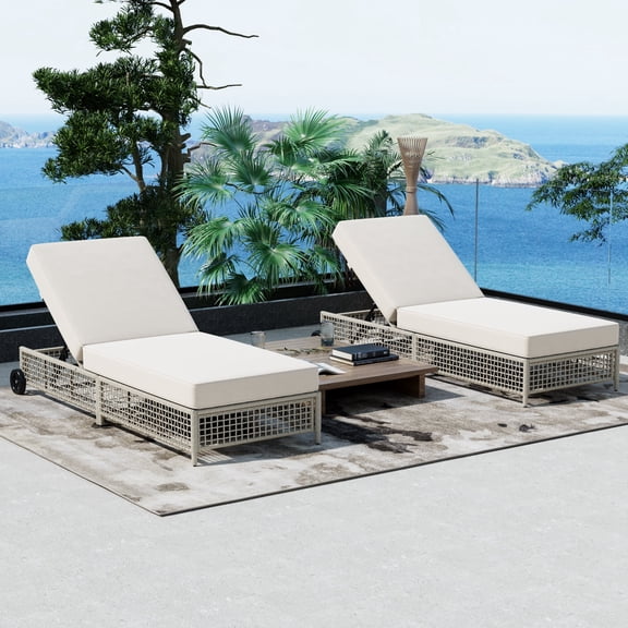 FFZ Outdoor Lounge Chair Set of 2 with 5-Position Backrest, Wheels and Rattan Frame, Beige