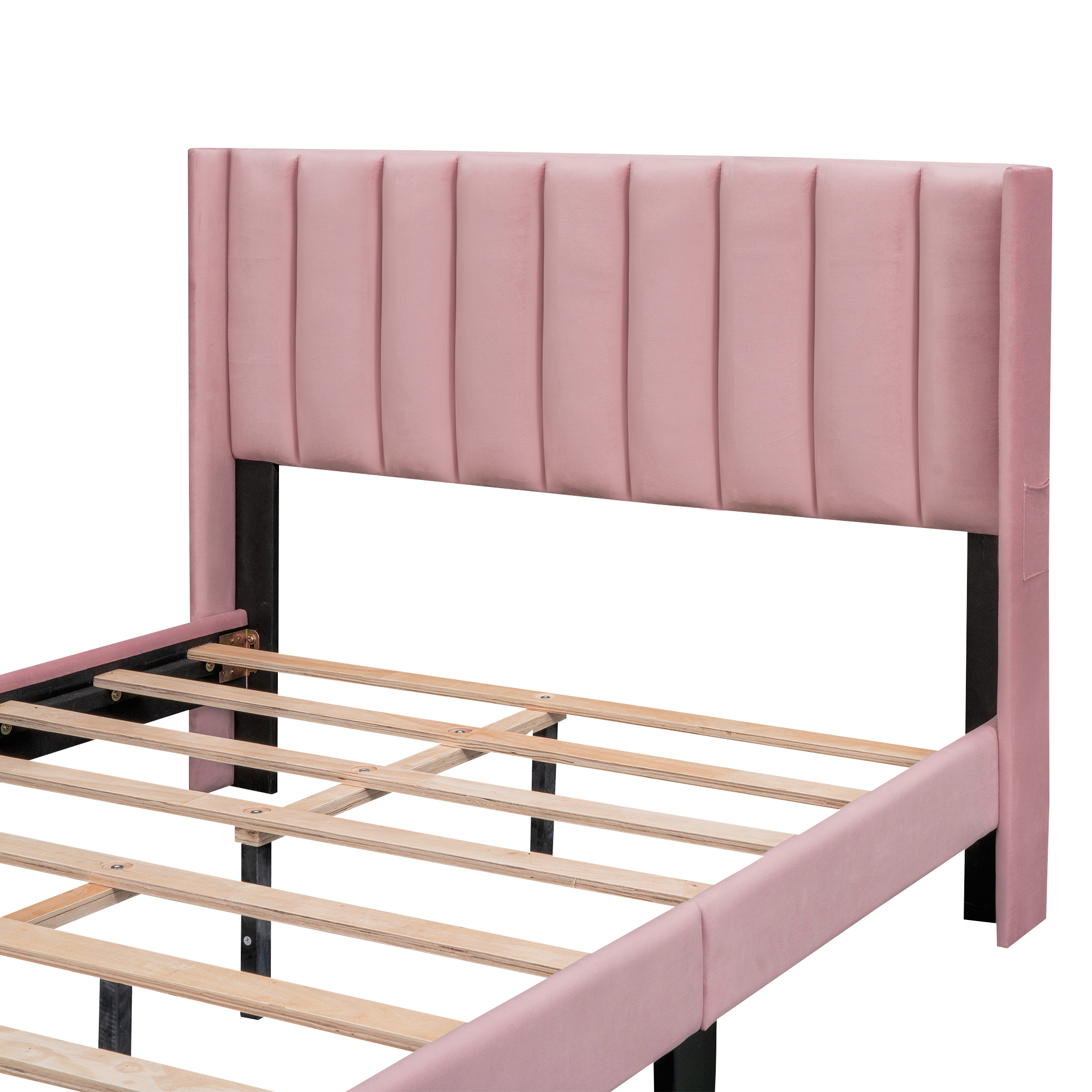 Leumius Full Size Platform Bed with A Storage Drawer,Velvet Upholstered Bed Frame with Wingback Vertical Channel Tufted Headboard,Pink