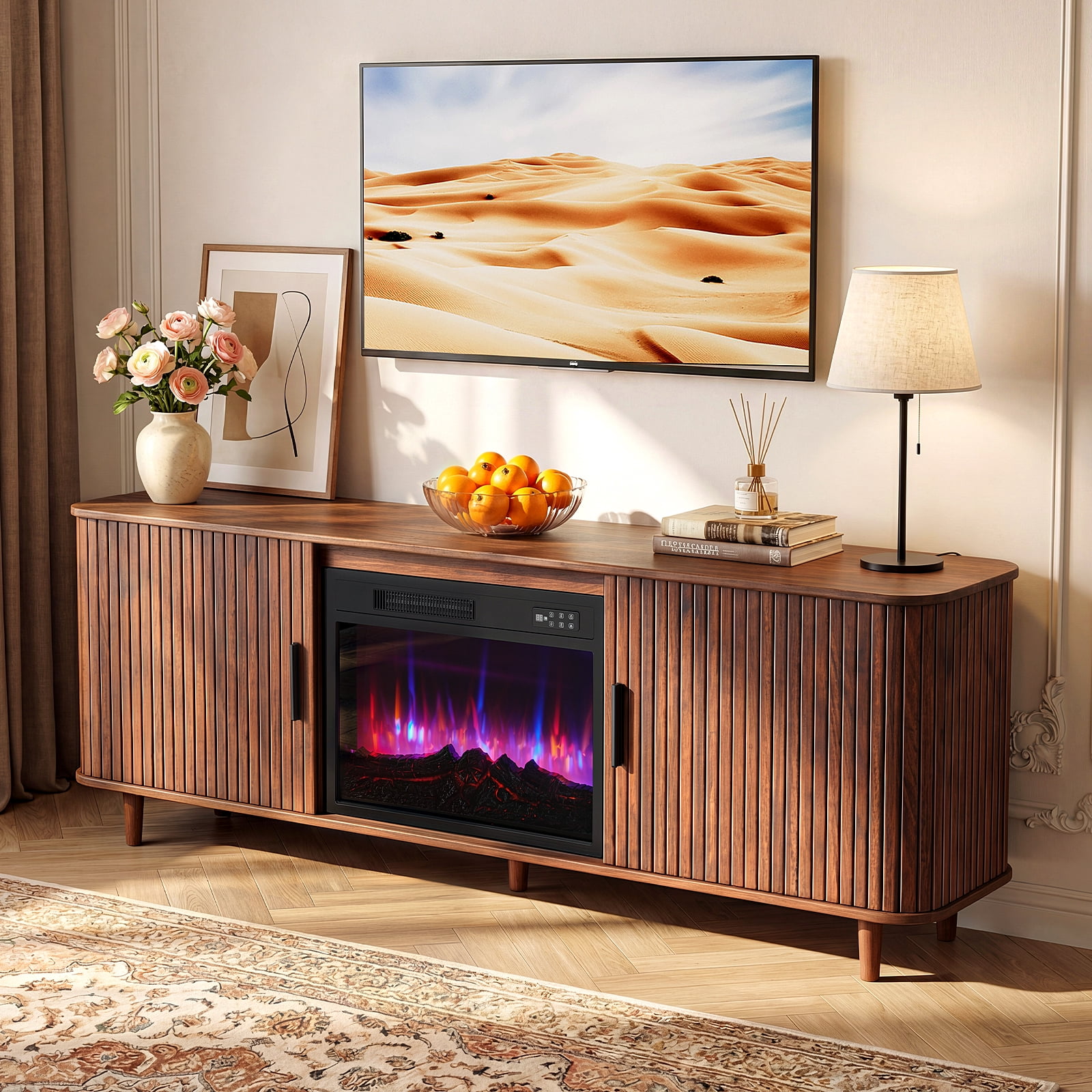 Dovov 70" Fireplace TV Stand for TVs Up to 80", Modern Fluted Entertainment Center Media Console Cabinet with 23" Electric Fireplace and Sliding Door, for Living Room, Walnut