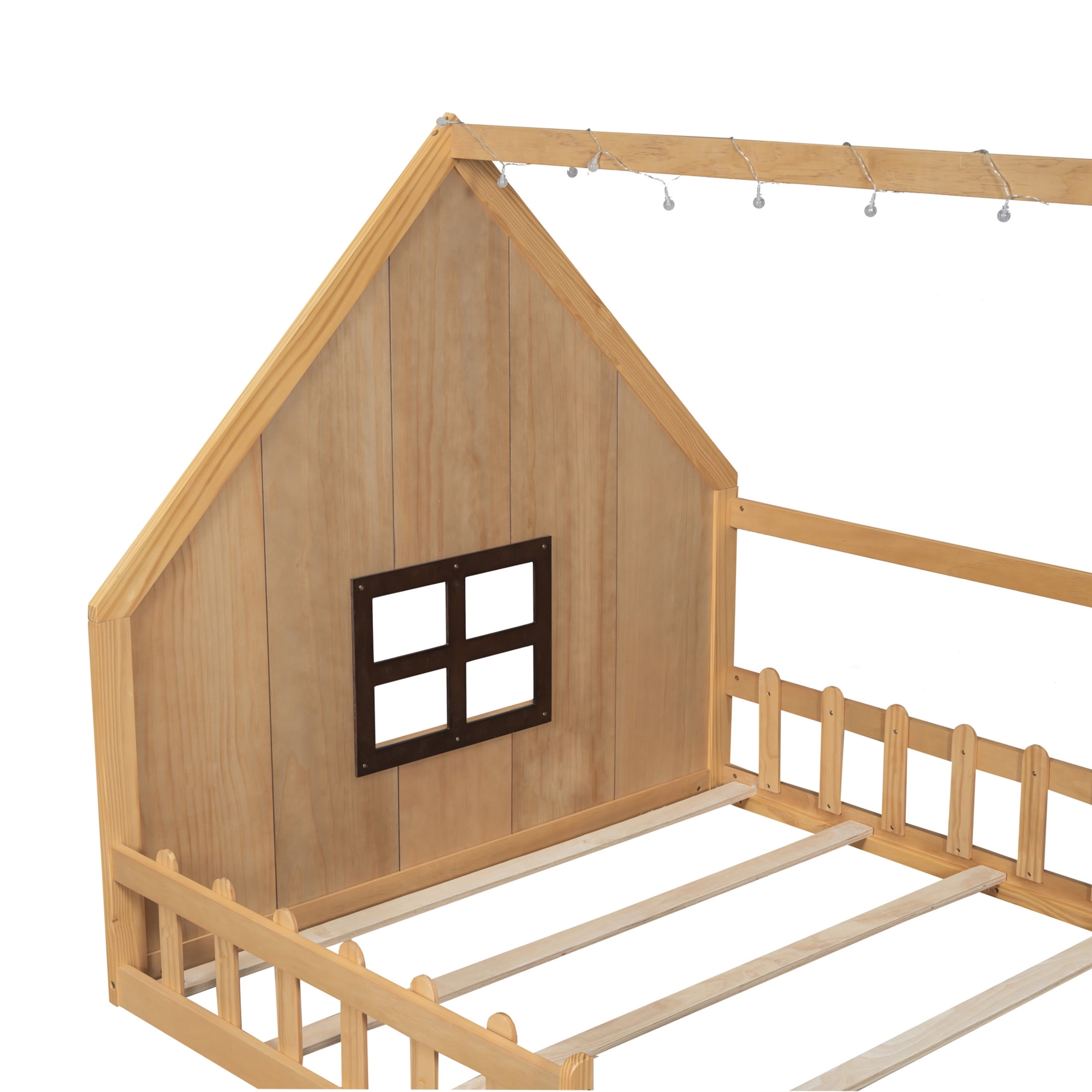 Noble House Full Size Wood House Bed with Window and Fence Guardrails, Safety Design for Kids, Natural