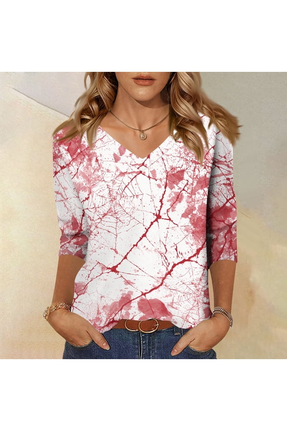 Ladies V Neck Tops 3/4 Sleeve Halloween Fall Outfits Pumpkin Print Casual Shirts
