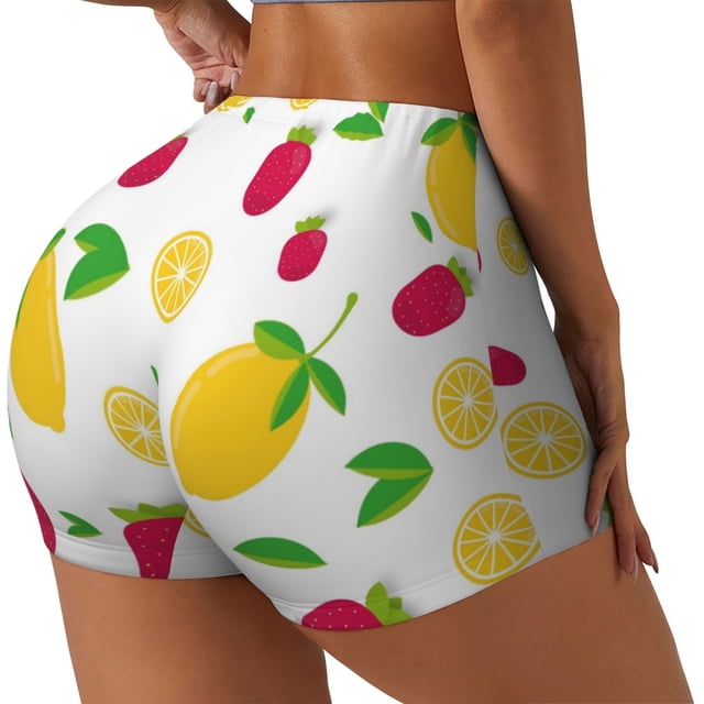 Balery Strawberry and Lemon Pantalones cortos de entrenamiento estampados para mujer, sin costuras, ajustados, para gimnasio, yoga, correr, deportes, ejercicio activo, fitness.-Small