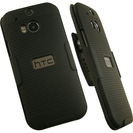 Cover Htc Ph39100 HTC One M8 Case with Clip, Nakedcellphone Ribbed Black Hard Cover with Rotating/Ratchet Belt Hip Holster Combo for HTC One M8 Phone (2014) ()