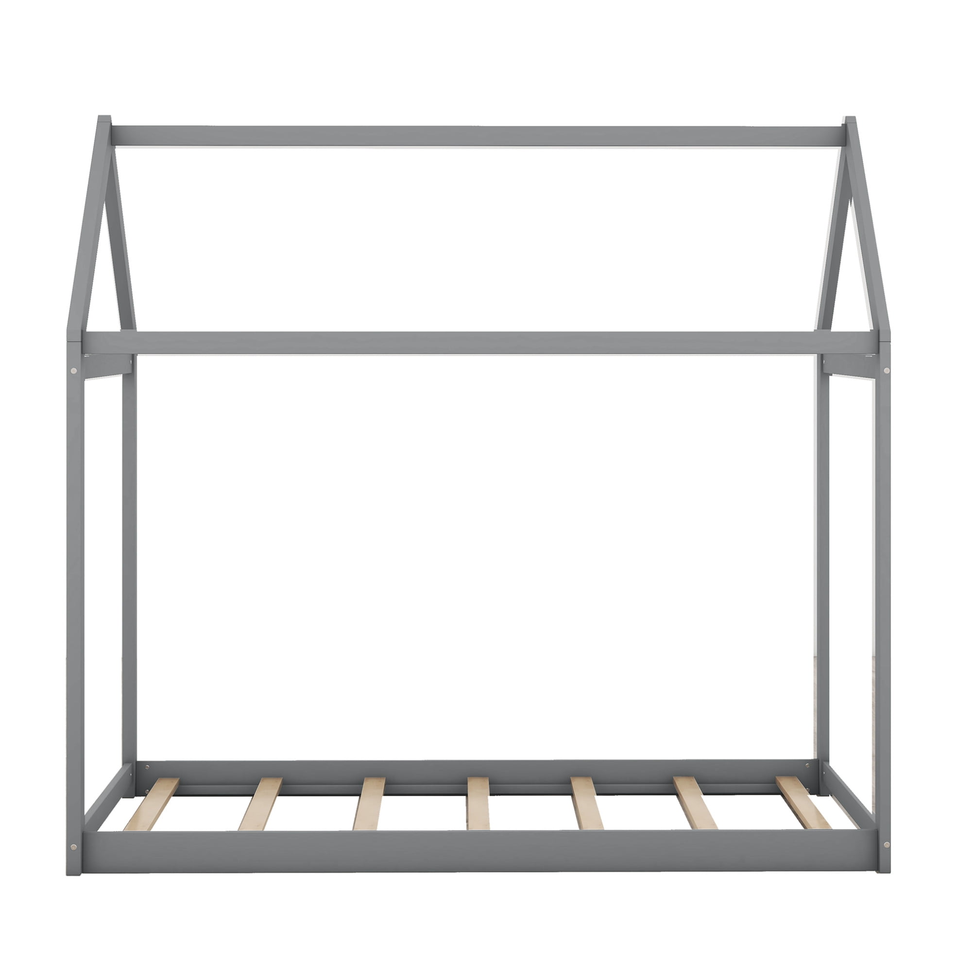 Twin House Bed, Wood Montessori Bed Frame with House Roof Canopy, Low Floor Bed with Sturdy Wood Slat Support for Kids Boys Girls, 400LBS Weight Capacity, No Box Spring Needed, Gray