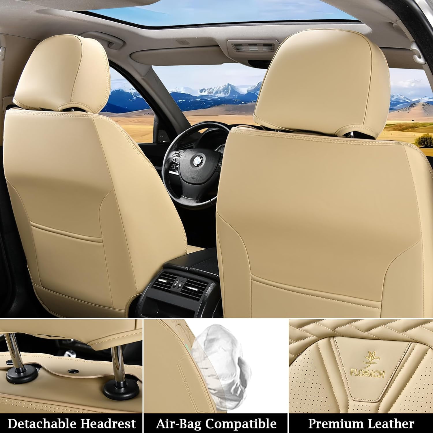 FLORICH Universal Leather Car Seat Cover Full Set, Beige Seat Covers for Cars 5 Seats, Waterproof Front and Rear Automotive Seat Cover Fit for Most Sedans SUV Pick-up Truck