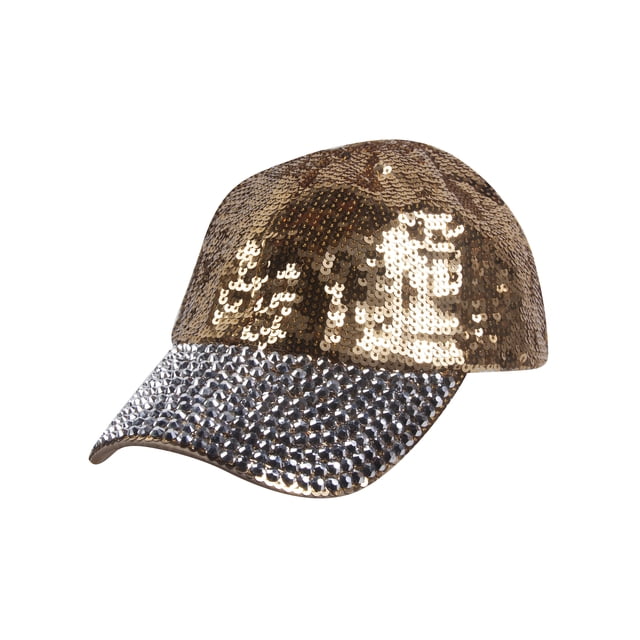 Womens Sequin Fashion Baseball Cap w/ Full Stoned Bill - Gold