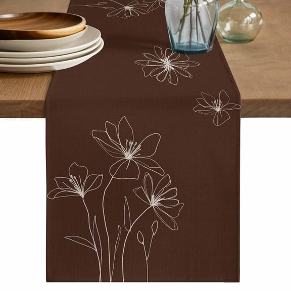 Brown Floral Cotton Linen Table Runner for Dining Kitchen, Spring Flower Wedding Outdoor Party Tablerunners Decoration, Dresser Scarf Coffee Tablecloth Runners 13x36 Inches