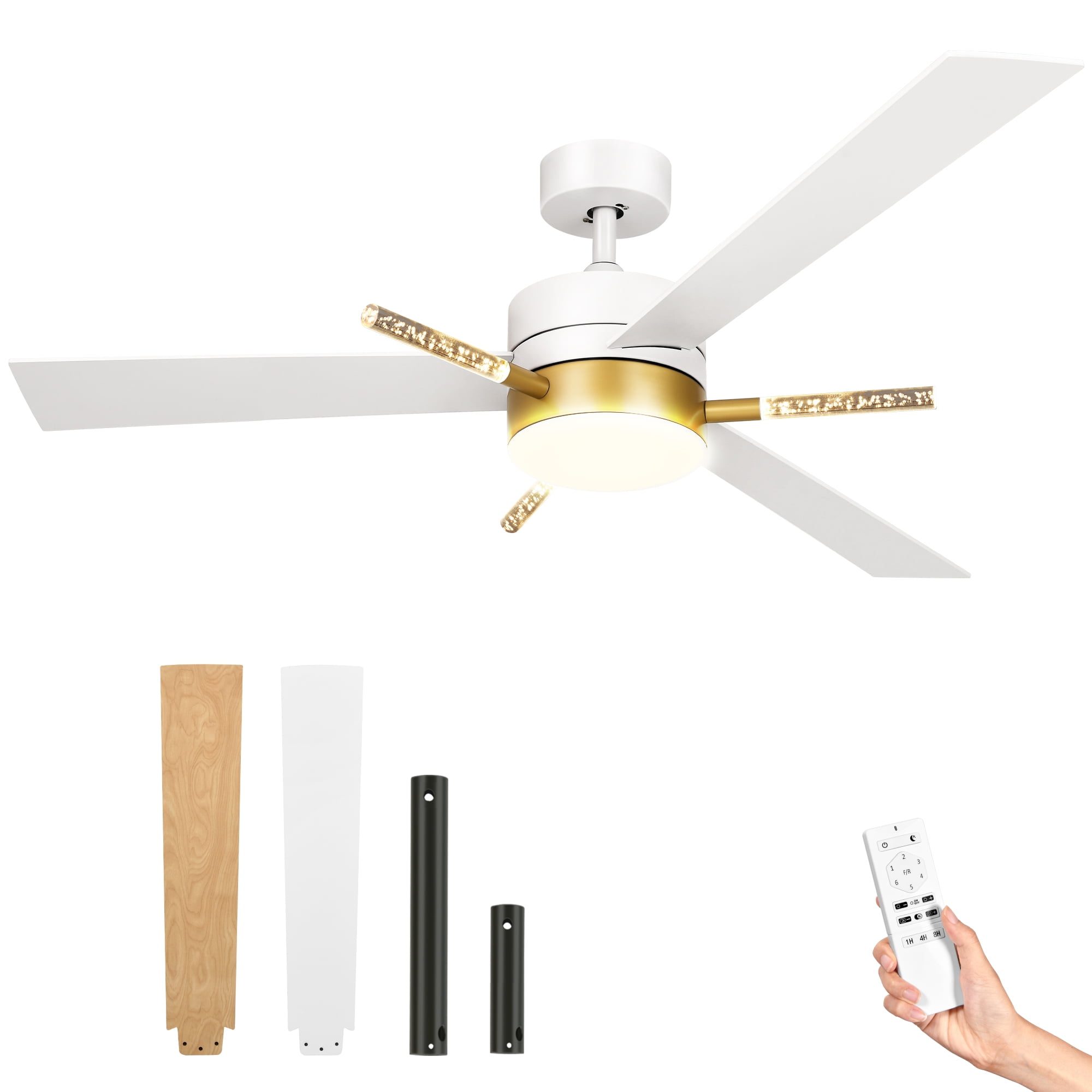 Uforic 60 inch Modern Ceiling Fan with Light and Remote, Crystal Chandeilier Ceiling Fan with 3 Blades,6-speed - White & Gold