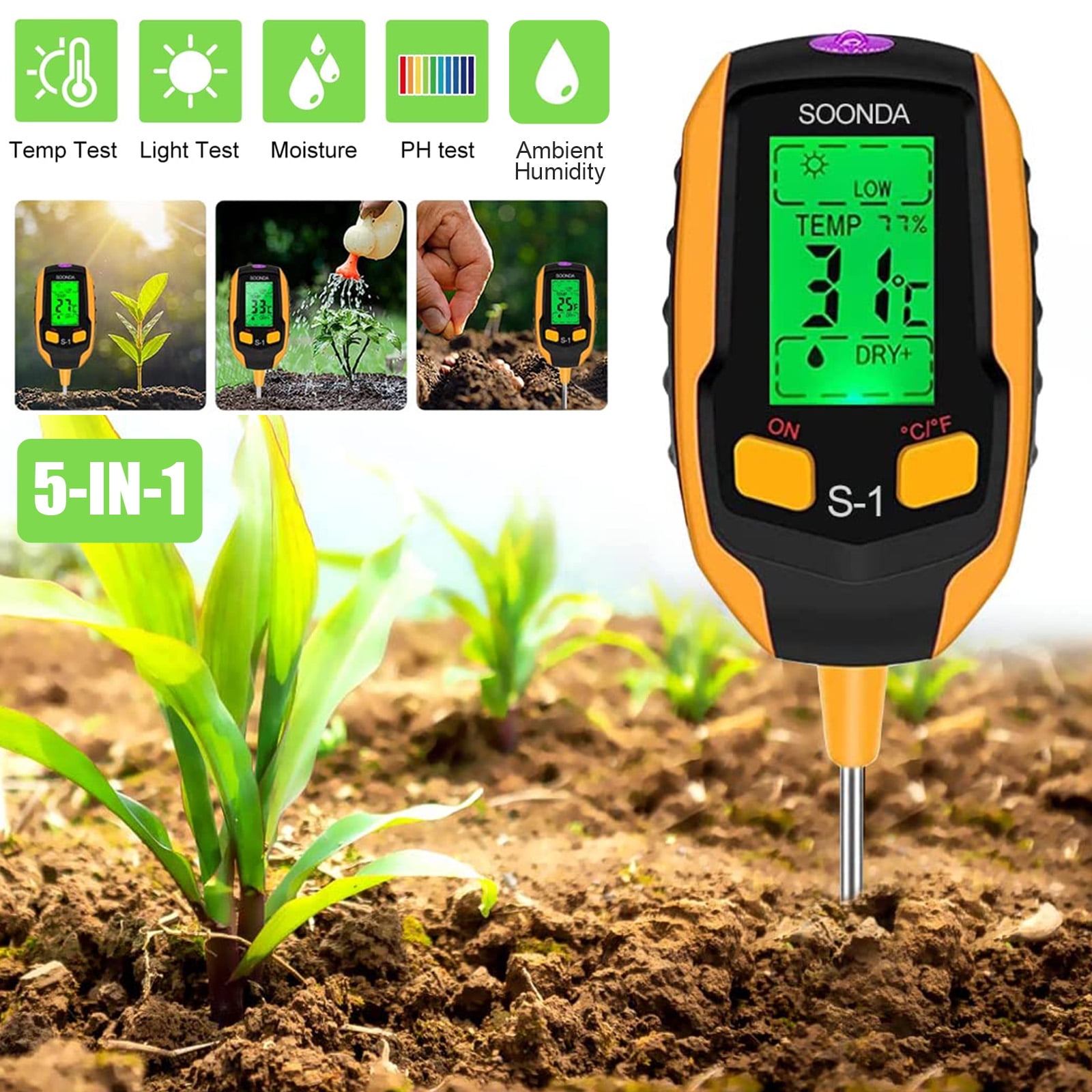 2/3/4/5in1 Soil Tester Meter for Garden Lawn Plant Pot MOISTURE LIGHT PH Tester 