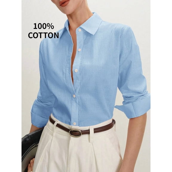 Womens 100% Cotton Light Blue Button-Down Long Sleeve Shirt, Casual Office Elegant Workwear